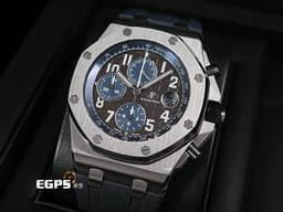 Audemars Piguet 愛彼 AP錶 Royal Oak Offshore 皇家橡樹 離岸型 26470ST.00.A099CR.01 <font color="#602a06">深棕色超大型格紋面盤</font>搭配<font color="#51a3f0">藍色計時圈</font><font color="#2112f3">&nbsp;</font>不鏽鋼 計時碼錶&nbsp;<font color="#FF0000">2018年保卡 </font>自動上鍊 42mm