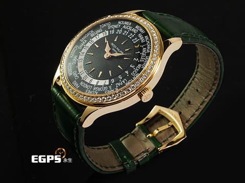 Patek philippe 百達翡麗 PP錶 Complications 複雜功能時計 World Time 世界時區 7130R-014 18K玫瑰金材質&nbsp;&nbsp;原廠鑲嵌89顆鑽石（1.09 克拉）錶圈、錶扣&nbsp;綠色手工雕紋面盤 2023年保單 新錶訂價：2,162,000元 自動上鍊 36mm