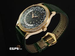 Patek philippe 百達翡麗 PP錶 Complications 複雜功能時計 World Time 世界時區 7130R-014 18K玫瑰金材質&nbsp;&nbsp;<font color="#70cce1">原廠鑲嵌89顆鑽石（1.09 克拉）錶圈、錶扣&nbsp;</font><font color="#9cd3a7">綠色手工雕紋面盤</font> <font color="#FF0000">2023年保單 新錶訂價：2,162,000元</font> 自動上鍊 36mm