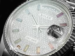 ROLEX 勞力士 Oyster Perpetual Day-Date 36 DD36 128239 18K白金材質  <font color=#f6d2de>原廠鑲嵌滿天星鑽石面盤 </font> <font color=#ff00ff>原廠10顆方形切割彩虹漸變色寶石</font> <font color=#FF0000>2021年保卡</font> 自動上鏈 36mm