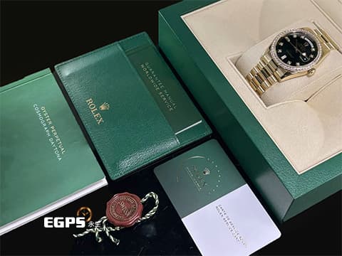 ROLEX 勞力士 Oyster Perpetual Day-Date 118348 蠔式 18K黃金材質 原廠鑲嵌鑽石錶圈、時標 黑色面盤 已回勞力士原廠做保養 延長保固到2028年5月 自動上鏈 36mm