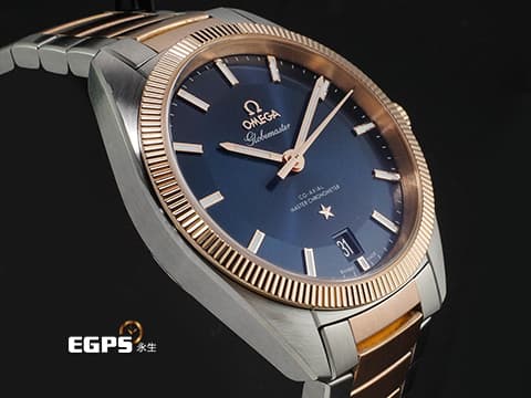 OMEGA 歐米茄 Globemaster 星座系列 13020392103001 18K玫瑰金&amp;不鏽鋼材質 半金款 太陽線紋磨砂藍色面盤 2024年保卡 台灣公司貨 同軸擒縱 自動上鏈 39mm