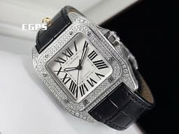 CARTIER 卡地亞 Santos 100 山度士 中型 <font color="#05f0f0">白色面盤 精鑲鑽框 黑色羅馬數字</font> 經典大三針<font color="#ff0000"> 2024年保單</font> 自動上鏈 36mm
