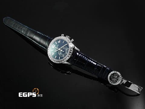 PATEK PHILIPPE 百達翡麗 PP錶 5961P-001  
複雜功能飛返計時年曆錶 PT950鉑金材質 原廠鑲嵌長方形透明鑽石時標、錶圈、錶扣&nbsp;藍色面盤 2021年保單 錶友蒐藏未使用品&nbsp;自動上鍊 40.5mm