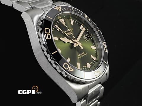 LONGINES 浪琴 HydroConquest GMT 深海征服者系列 L3.890.4.06.6 綠色太陽紋面盤&nbsp;浪鬼 兩地時間淺水腕錶&nbsp;不鏽鋼材質&nbsp;2026年保卡&nbsp;自動上鍊 43mm