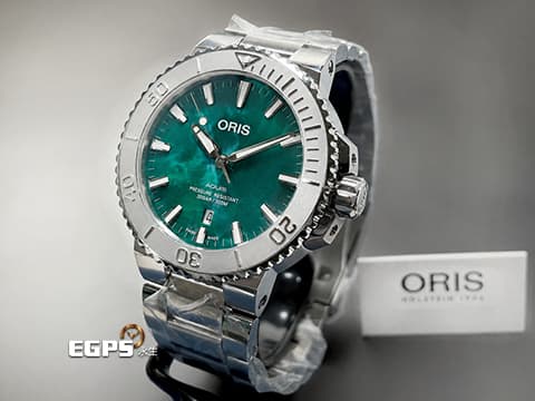 ORIS豪利時 Oris Aquis Date x Bracenet特別版 0173377304137 獨一無二的綠色萬花筒紋理 每支紋路皆不同 海洋保護聯名款 原廠膠膜全新未拆封&nbsp;不鏽鋼材質 2025年保單 潛水錶 自動上鍊 43.5mm