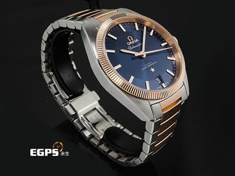 OMEGA 歐米茄 Globemaster 星座系列 13020392103001 18K玫瑰金&amp;不鏽鋼材質 半金款 太陽線紋磨砂藍色面盤 2024年保卡 台灣公司貨 同軸擒縱 自動上鏈 39mm