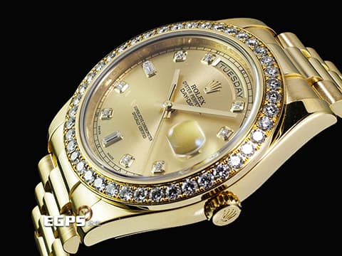 ROLEX 勞力士 DAY-DATE 40 DD40 蠔式 星期日曆型 218348 18K黃金材質 原廠鑲嵌鑽石錶圈、時標 香檳金色面盤&nbsp;2015年保卡 台灣公司貨 自動上鏈 40mm