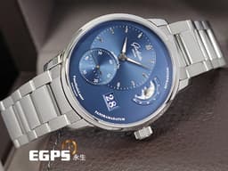 Glashutte Original 格拉蘇蒂 Pano Matic Lunar 偏心系列 1-90-02-46-32-71 <font color="#0080FF">藍色面盤</font> 月相盈虧 大日期窗 小秒針 不鏽鋼 <font color="#ff0000">德國腕��工藝 招牌雙鵝頸、3/4夾板、偏心面盤 2024年台灣公司貨</font> 自動上鍊 40mm