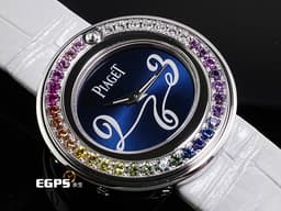 PIAGET 伯爵 Possession  P10402  G0A32168 18K白金材質 原鑲<font color="#fafa01">彩色</font><font color="#fa00fa">寶石</font><font color="#a1e8a2">旋轉</font><font color="#05f0f0">錶圈 </font><font color="#0582f5">藍色面盤</font>&nbsp;石英機芯 29mm