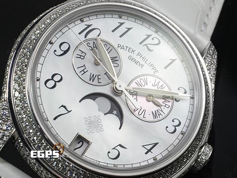 PATEK PHILIPPE 百達翡麗 PP錶 Annual Calendar 複雜功能計時系列 4937G/001 18K白金材質 年曆錶 月相顯示 原廠鑲嵌鑽石錶圈 珍珠貝殼面盤&nbsp;自動上鍊 37mm