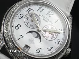PATEK PHILIPPE 百達翡麗 PP錶 Annual Calendar 複雜功能計時系列 4937G/001 18K白金材質 <font color="#fa00fa">年曆錶 月相顯示</font><font color="#05f0f0"> 原廠鑲嵌鑽石錶圈 珍珠貝殼面盤</font>&nbsp;自動上鍊 37mm