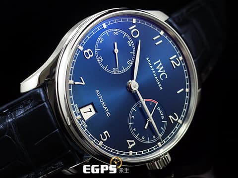 IWC 萬國錶 Portuguese 7 Day Power Reserve 葡萄牙 七日鍊 IW500710&nbsp;藍色面盤 不鏽鋼 小秒針 動能儲存 大葡萄牙&nbsp;經典比勒頓上鍊系統 啄木鳥機芯 自動上鍊 42.3mm