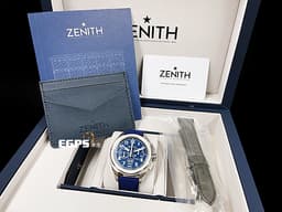 ZENITH 真力時 PILOT BIG DATE FLYBACK 03.4000.3652/51.I003 不鏽鋼材質 <font color="#ffff00">飛返計時功能 瞬跳大日期窗 藍色裝飾橫向凹紋</font> <font color="#70cce1">三色分鐘計時</font> <font color="#FF0000">2024年保卡專門店限定版&nbsp;</font> 自動上鍊 42.5mm