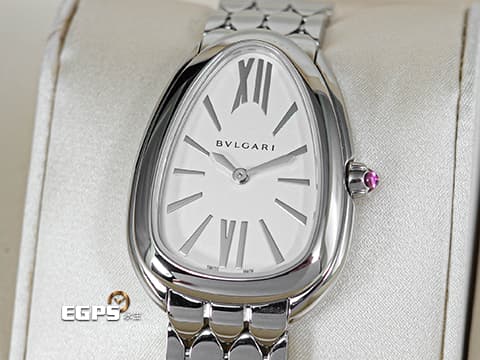 BVLGARI 寶格麗 Serpenti Seduttori系列 103937 銀白色面盤搭配羅馬數字時標&nbsp;經典&nbsp;六角形蛇鱗鍊節錶帶&nbsp;不鏽鋼材質&nbsp;2026年保單&nbsp;石英機芯 33mm