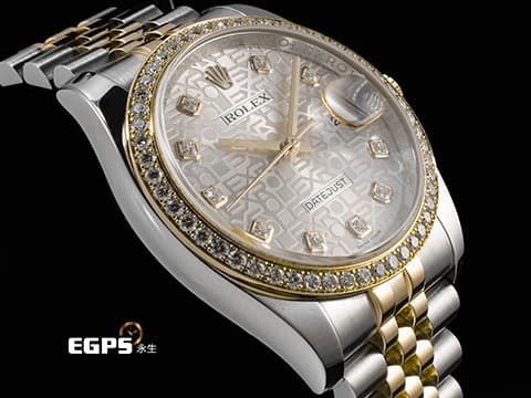 ROLEX 勞力士 DATEJUST 116243 蠔式日誌型 18K黃金材質 半金款 原廠鑲嵌鑽石錶圈、時標 紀念面盤&nbsp;2016年保卡 紀念型錶帶 自動上鏈 36mm