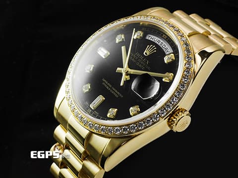 ROLEX 勞力士 Oyster Perpetual Day-Date 118348 蠔式 18K黃金材質 原廠鑲嵌鑽石錶圈、時標 黑色面盤 已回勞力士原廠做保養 延長保固到2028年5月 自動上鏈 36mm