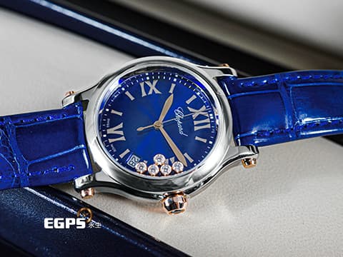 CHOPARD 蕭邦 Happy Sport 快樂鑽 278582-6012 藍色面盤 原廠5顆跑鑽 半金款 不鏽鋼 大三針&nbsp;2026年保單 最新快拆式錶帶 石英機芯 36mm