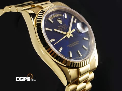 ROLEX 勞力士 Day-Date 36 蠔式 星期日曆型 118238 18K黃金材質 DD36 經典三角坑紋錶圈 藍色面盤&nbsp;元首型（President）錶帶 總統帶 自動上鍊 36mm