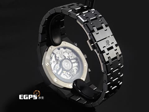 Audemars Piguet 愛彼 AP錶 Royal Oak Chronograph 皇家橡樹 26240CE.OO.1225CE.02 黑色陶瓷材質 黑色錶面鐫刻「Grande Tapisserie」大型格紋面盤 玫瑰金色調指針、時標&nbsp;飛返計時腕錶&nbsp;2026年保卡&nbsp;自動上鍊&nbsp;41mm