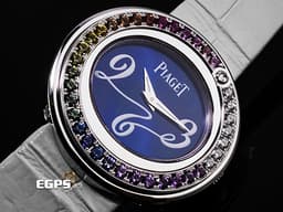 PIAGET 伯爵 Possession  P10402  G0A32168 18K白金材質 原鑲<font color="#fafa01">彩色</font><font color="#fa00fa">寶石</font><font color="#a1e8a2">旋轉</font><font color="#05f0f0">錶圈 </font><font color="#0582f5">藍色面盤</font>&nbsp;石英機芯 29mm