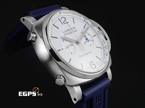 PANERAI 沛納海 Luminor Chrono PAM1218 計時碼表 白色三明治夜光面盤 PAM01218 藍色小秒針 不鏽鋼 2022年保單 自動上鍊 44mm