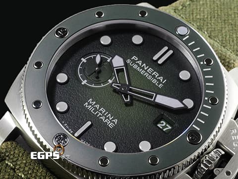 PANERAI 沛納海&nbsp;Submersible Marina Militare PAM01697 PAM1697 不鏽鋼材質 啞光綠色陶瓷單向旋轉錶圈 向義大利海軍航空隊致敬&nbsp;三日鍊 小秒針&nbsp;2026年保卡 自動上鍊  44mm