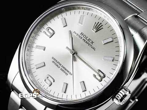 ROLEX 勞力士 Oyster Perpetual 蠔式恆動型 114200 銀色面盤 大三針 OP34 中型&nbsp;經典3 6 9數字時標&nbsp;2018年保卡 自動上鏈 34mm