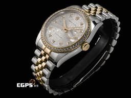 ROLEX 勞力士 DATEJUST 116243 蠔式日誌型 18K黃金材質 半金款 <font color="#05f0f0">原廠鑲嵌鑽石錶圈、時標 紀念面盤</font>&nbsp;<font color="#ff0000">2016年保卡 紀念型錶帶</font> 自動上鏈 36mm