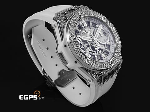 Hublot 宇舶 BIG BANG 大爆炸 Unico Titanium&nbsp;441.NE.2011.RW.1704 鈦金屬材質 原廠鑲嵌170顆鑽石錶殼（共0.8克拉） 126顆鑽石錶圈（共1.1克拉） 2024年電子保單 飛返計時碼錶 自動上鍊 42mm