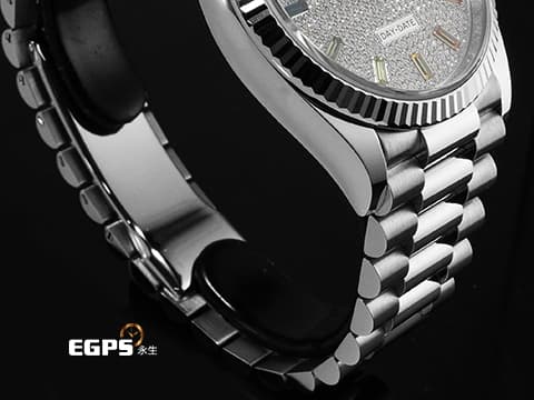 ROLEX 勞力士 Oyster Perpetual Day-Date 36 DD36 128239 18K白金材質  原廠鑲嵌滿天星鑽石面盤  原廠10顆方形切割彩虹漸變色寶石 2021年保卡 自動上鏈 36mm