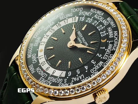 Patek philippe 百達翡麗 PP錶 Complications 複雜功能時計 World Time 世界時區 7130R-014 18K玫瑰金材質&nbsp;&nbsp;原廠鑲嵌89顆鑽石（1.09 克拉）錶圈、錶扣&nbsp;綠色手工雕紋面盤 2023年保單 新錶訂價：2,162,000元 自動上鍊 36mm