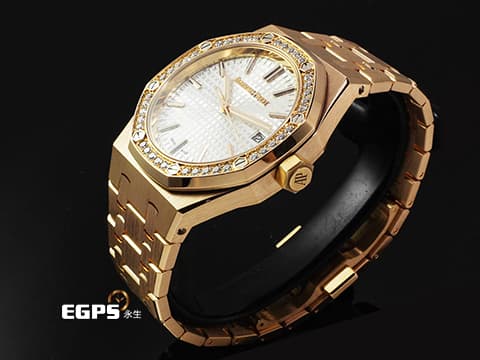 Audemars Piguet 愛彼 AP錶 Royal Oak 皇家橡樹 15551OR.ZZ.1356OR.04 原廠鑲嵌鑽石錶圈 白色Grande Tapisserie格紋錶盤&nbsp;15510 OR 玫瑰金&nbsp;2023年保卡&nbsp;自動上鍊 37mm