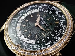 Patek philippe 百達翡麗 PP錶 Complications 複雜功能時計 World Time 世界時區 7130R-014 18K玫瑰金材質&nbsp;&nbsp;<font color="#70cce1">原廠鑲嵌89顆鑽石（1.09 克拉）錶圈、錶扣&nbsp;</font><font color="#9cd3a7">綠色手工雕紋面盤</font> <font color="#FF0000">2023年保單 新錶訂價：2,162,000元</font> 自動上鍊 36mm