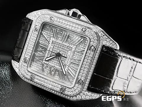 CARTIER 卡地亞 Santos 100 de Cartier 山度士 大型 經典 不鏽鋼材質 精鑲鑽石滿天星面盤、錶圈、錶扣&nbsp;自動上鍊 41mm