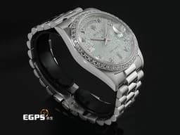 ROLEX 勞力士 Oyster Perpetual Day-Date 18346 蠔式 DD 星期日曆型 PT950 鉑金材質&nbsp;<font style="font-size: 10pt;" color="#05f0f0">原廠鑲嵌鑽石錶圈、時標 冰藍色經典電腦浮雕紀念面盤</font><span style="font-size: 10pt;"><font color="#fafa01">『極為少見的鉑金羚羊頭圖騰』</font><font color="#fa00fa">＊絕版增值中</font> 自動上鏈 36mm</span>