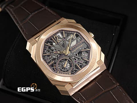 BVLGARI 寶格麗 Bulgari Octo Finissimo系列 Skeleton 8 Days 八日鍊 103667 玫瑰金材質&nbsp;超薄5.95mm 鏤空面盤 動力顯示 經典八角形多稜角設計錶框 小秒針 2025年台灣公司貨&nbsp;手上鏈 40mm