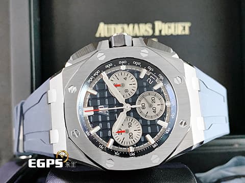 Audemars Piguet AP錶 愛彼 Royal Oak Offshore 皇家橡樹離岸型 飛返計時碼錶 26420TI.OO.A027CA.01  鈦金屬材質、 「Méga Tapisserie」超大型格紋藍色面盤 2022年保單 新式快拆錶帶 搭載全新4401機芯 此錶歡迎各路錶友以 PP、AP、勞力士 來店交換，本店將以最高價評估～   43mm