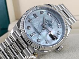 ROLEX 勞力士 Day-Date 36 蠔式 星期日曆型 128239NG&nbsp;<font color="#a2e8f1">原廠鑽石時標 珍珠貝母面盤</font> 18K白金材質 DD36 經典三角坑紋錶圈 <font color="#ff0000">2025年12月保卡 元首型（President）錶帶 總統帶</font>&nbsp;128239 NG 自動上鏈 36mm