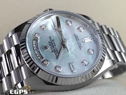 ROLEX 勞力士 Day-Date 36 蠔式 星期日曆型 128239NG&nbsp;<font color="#a2e8f1">原廠鑽石時標 珍珠貝母面盤</font> 18K白金材質 DD36 經典三角坑紋錶圈 <font color="#ff0000">2025年12月保卡 元首型（President）錶帶 總統帶</font>&nbsp;128239 NG 自動上鏈 36mm