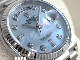 ROLEX 勞力士 Day-Date 36 蠔式 星期日曆型 128239NG&nbsp;<font color="#a2e8f1">原廠鑽石時標 珍珠貝母面盤</font> 18K白金材質 DD36 經典三角坑紋錶圈 <font color="#ff0000">2025年12月保卡 元首型（President）錶帶 總統帶</font>&nbsp;128239 NG 自動上鏈 36mm