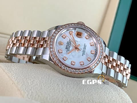 ROLEX 勞力士 Lady-Datejust 279381RBR 蠔式日誌型 18K玫瑰金材質 半金款 原廠鑲嵌鑽石圈、時標 白色珍珠貝母面盤&nbsp;2024年保卡  自動上鍊 28mm