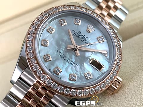 ROLEX 勞力士 Lady-Datejust 279381RBR 蠔式日誌型 18K玫瑰金材質 半金款 原廠鑲嵌鑽石圈、時標 白色珍珠貝母面盤&nbsp;2024年保卡  自動上鍊 28mm
