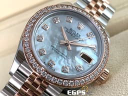 ROLEX 勞力士 Lady-Datejust 279381RBR 蠔式日誌型 18K玫瑰金材質 半金款 <font color="#05f0f0">原廠鑲嵌鑽石圈、時標 白色珍珠貝母面盤</font><font color="#FF0000">&nbsp;2024年保卡 </font> 自動上鍊 28mm