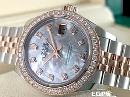 ROLEX 勞力士 Lady-Datejust 279381RBR 蠔式日誌型 18K玫瑰金材質 半金款 <font color="#05f0f0">原廠鑲嵌鑽石圈、時標 白色珍珠貝母面盤</font><font color="#FF0000">&nbsp;2024年保卡 </font> 自動上鍊 28mm