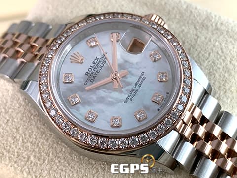 ROLEX 勞力士 Lady-Datejust 279381RBR 蠔式日誌型 18K玫瑰金材質 半金款 原廠鑲嵌鑽石圈、時標 白色珍珠貝母面盤&nbsp;2024年保卡  自動上鍊 28mm