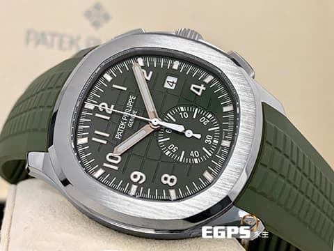 Patek Philippe 百達翡麗 PP錶 Aquanaut Flyback Chronograph 海底探險家 海探 手雷 5968G-010 卡其綠色格紋面盤 5968 G 飛返 計時碼表 18K白金材質 2022年保單 自動上鍊 42mm