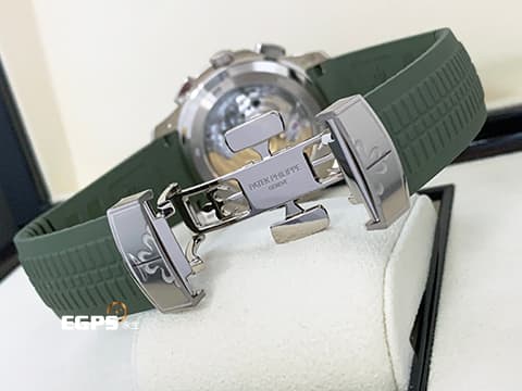 Patek Philippe 百達翡麗 PP錶 Aquanaut Flyback Chronograph 海底探險家 海探 手雷 5968G-010 卡其綠色格紋面盤 5968 G 飛返 計時碼表 18K白金材質 2022年保單 自動上鍊 42mm