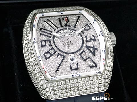 Franck Muller 法蘭穆勒 FM錶 Vanguard V45 系列&nbsp;華麗的精鑲滿天星面盤、錶殼&nbsp;V45SCDT 酒桶型 不鏽鋼 大三針 自動腕錶 44x54mm