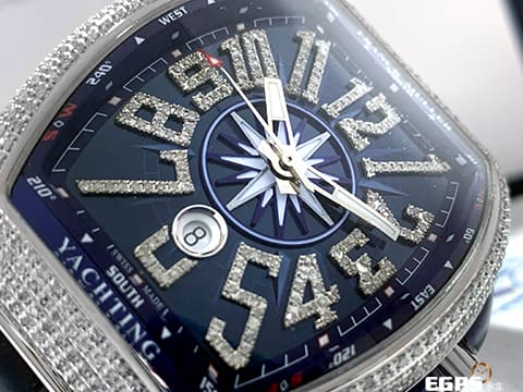 Franck Muller 法蘭穆勒 FM Vanguard Yachting 遊艇系列  V45 SC DT   精鑲鑽框耀眼奪目 ，藍色面盤 鑲鑽立體阿拉伯數字時標，歡迎來店試戴！！  自動上鏈 44x54 mm